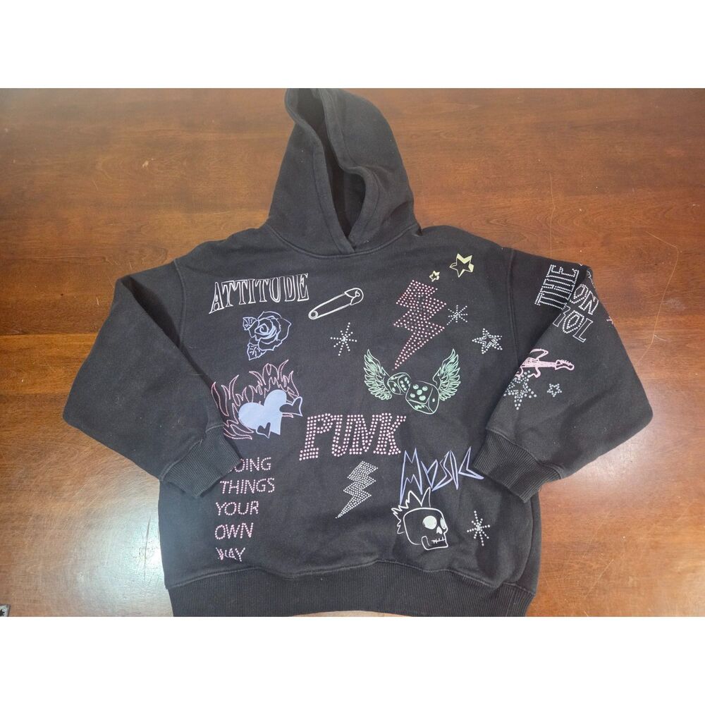 Zara Girls Black Rhinestone Butterfly Graphic Hoodie Pullover Size 11-12
